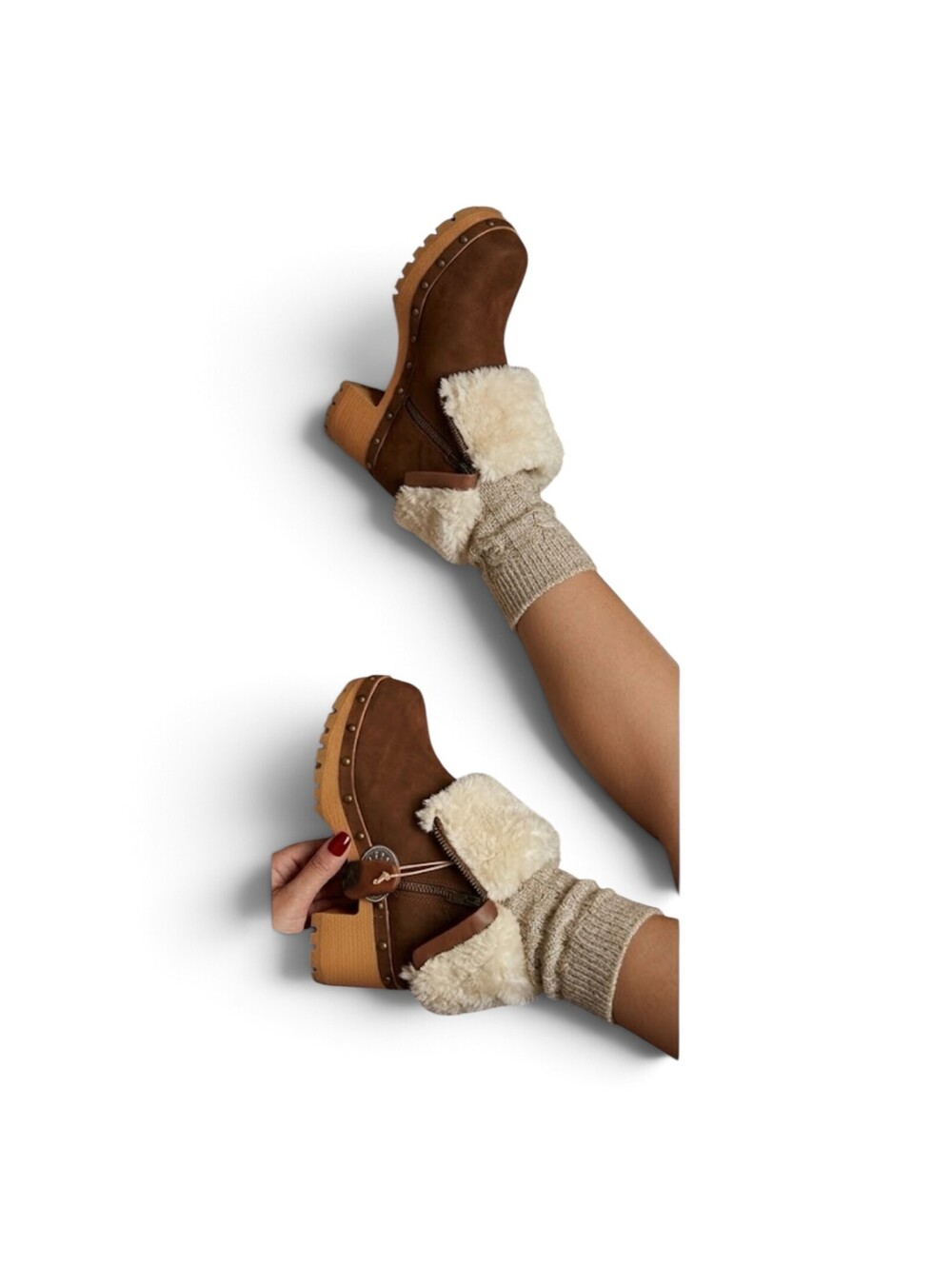 Brown Faux Suede Fur Cuff Clog Platform Ankle Boots 6